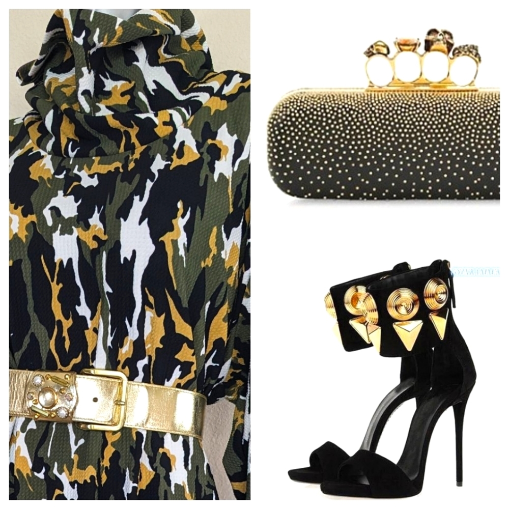 "Ashley Stewart" Camo Drapey Cowl Neck Bodycon Asymmetric Army Fatique Dress